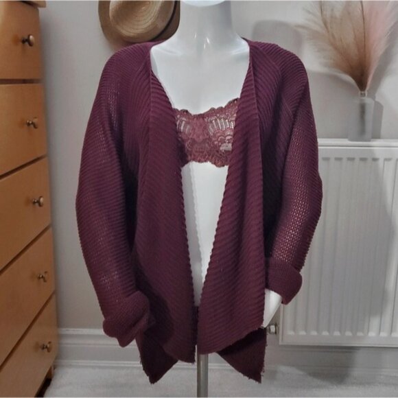 Maroon Knit Asymmetrical front flap oversized cardigan- S (Fits M too) - Picture 3 of 10